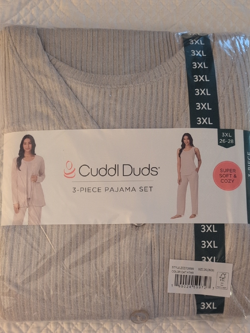 Cuddl Duds 3-Piece Pajama Set - Light Heather Taupe Ribbed